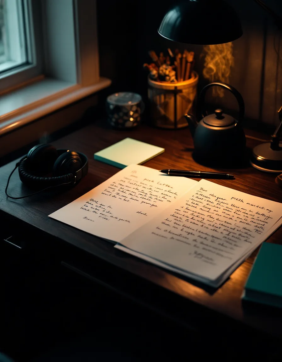 A walnut desk at dawn with handwritten pitch drafts, a fountain pen, wired headphones and a small steaming cast-iron kettle