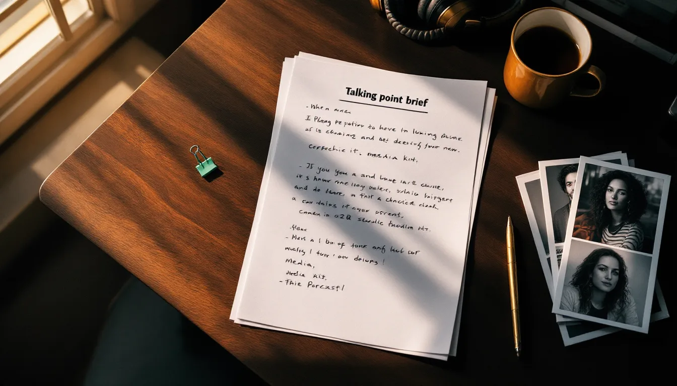 A printed talking-point brief with pencil notes, a media kit, headphones and a cup of tea on a walnut desk