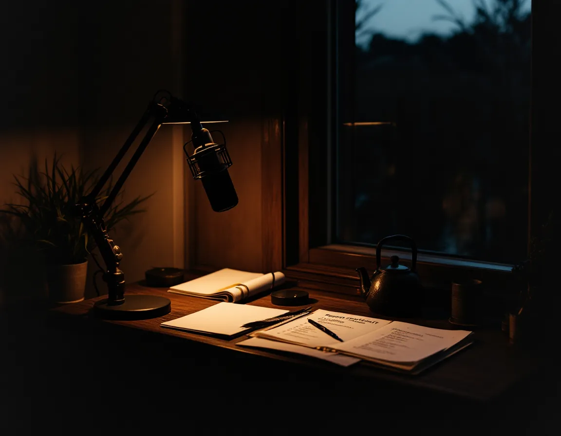 The Kettlequill desk at dusk: a microphone on a boom arm, a kettle and a marked-up show shortlist beside a window over still water