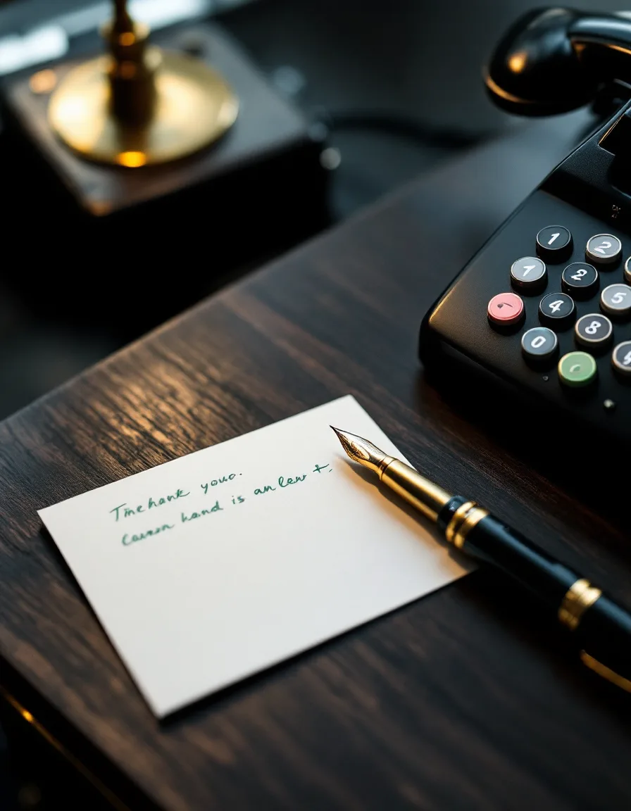 A handwritten notecard beside a black rotary telephone and a brass fountain pen on a dark walnut desk