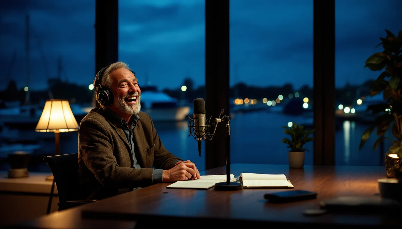 An executive in headphones laughing during a remote podcast recording in a lamp-lit room at dusk