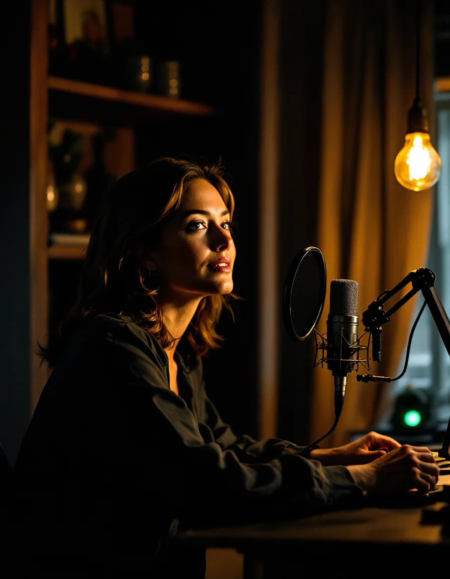 A founder leaning into a broadcast microphone in a warmly lit home studio, mid-conversation