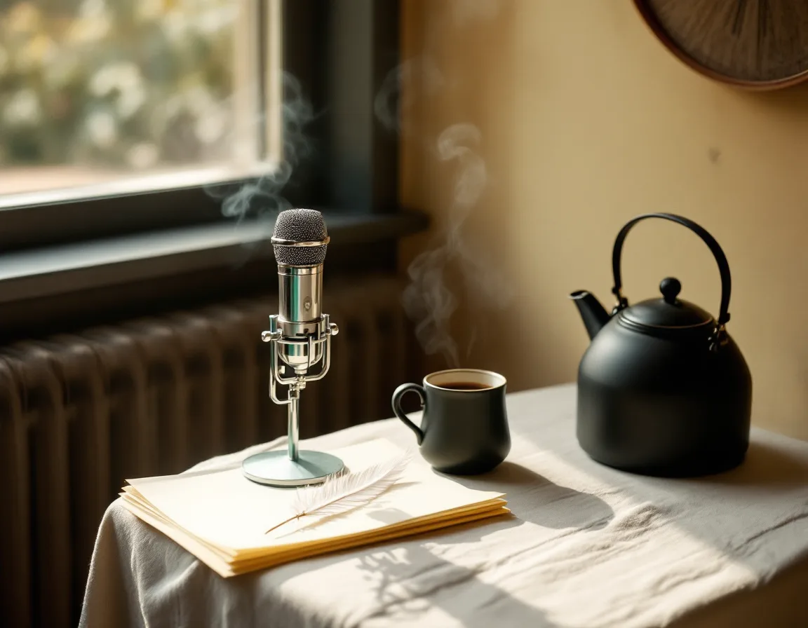 A vintage microphone, a steaming cast-iron kettle and a feather quill on a linen-covered table in warm window light